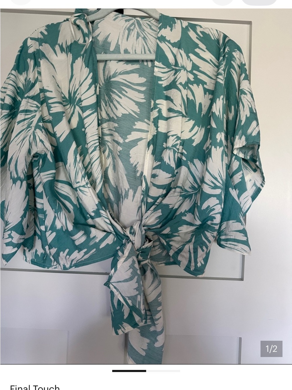 Final Touch Teal and White Floral Tie-Front Blouse